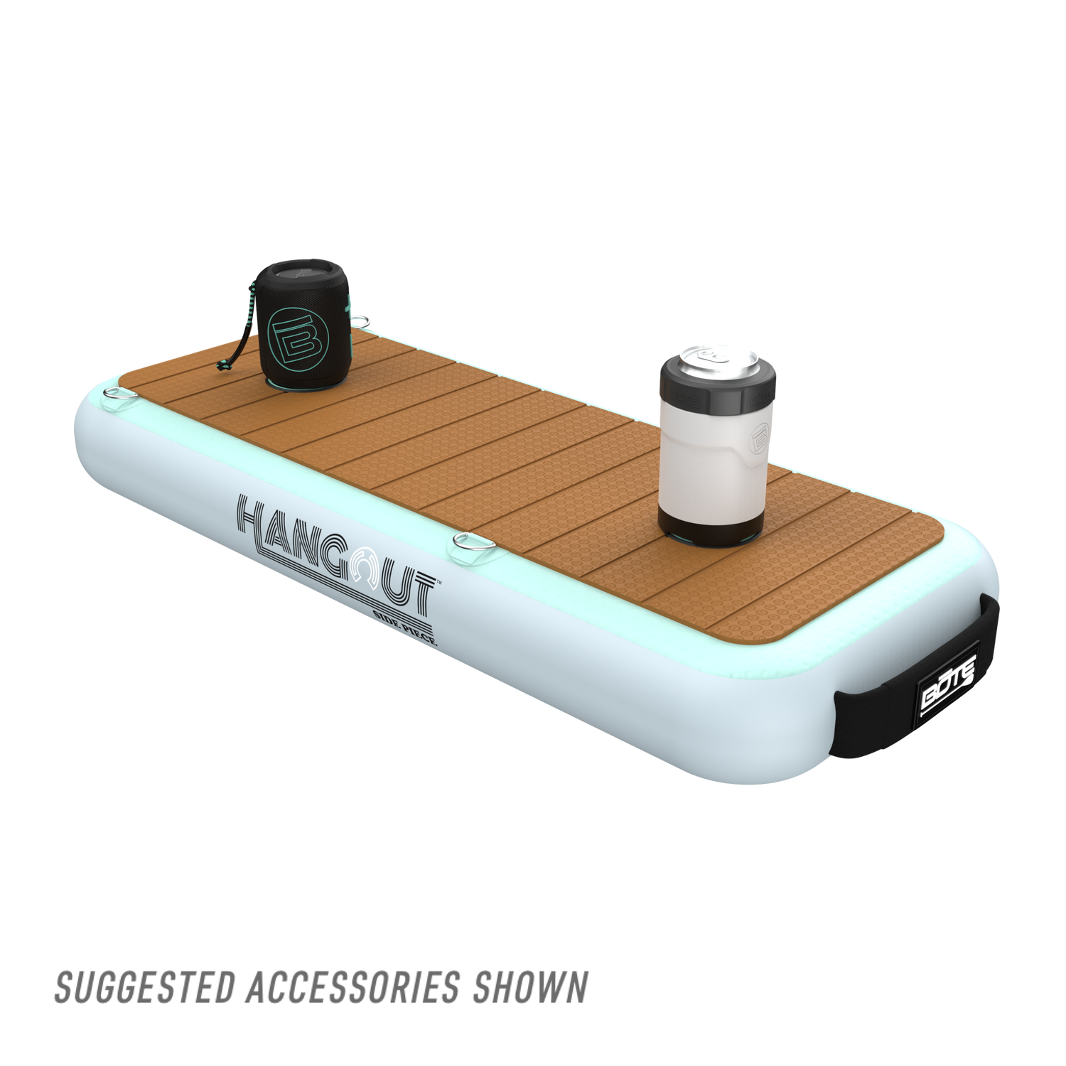 Angled view of Hangout Side Piece with magnetic drinkware accessories shown.