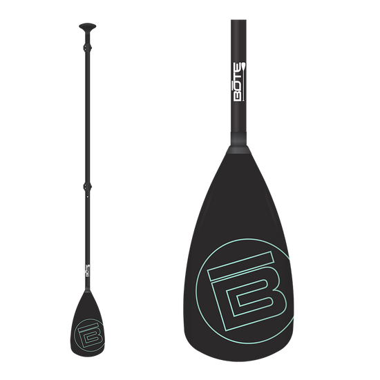 Full-length and blade close-up of the 3-Piece Adjustable Aluminum Paddle in black with BOTE logo.