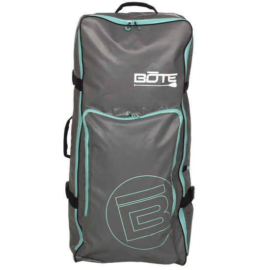 Front view of the Rackham Aero Bag in gray with teal accents and large vertical logo.