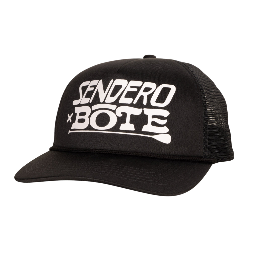 Front view of BOTE Sendero Trucker Hat in Black with a white BOTE logo.