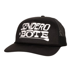 Front view of BOTE Sendero Trucker Hat in Black with a white BOTE logo.