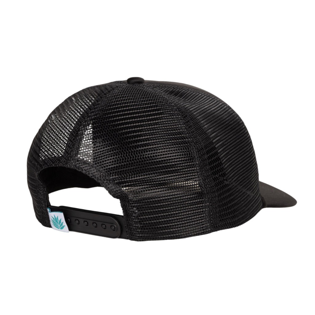 Rear view of BOTE Sendero Trucker Hat in Black with black mesh back.
