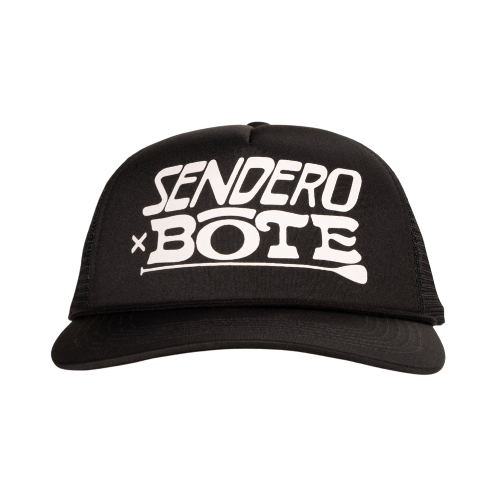 Front view of BOTE Sendero Trucker Hat in Black with a white BOTE logo.