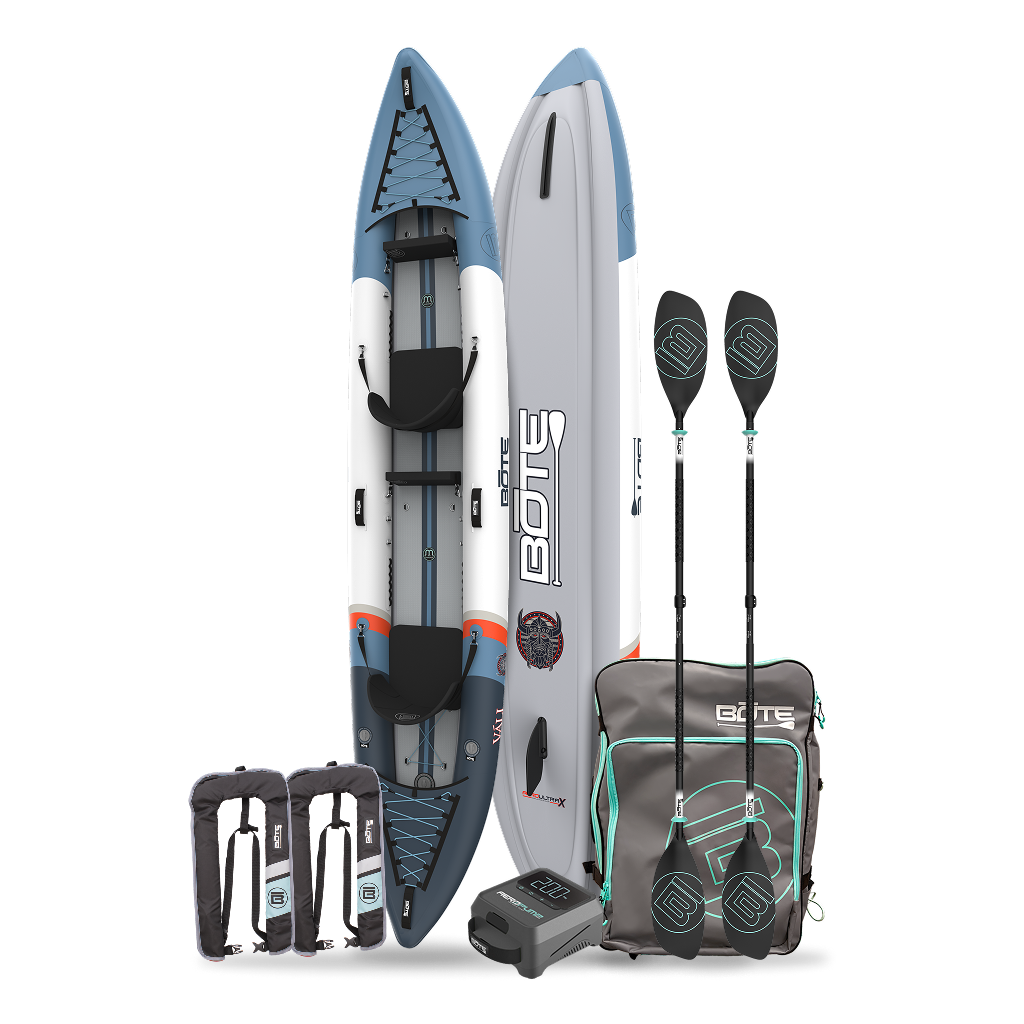 Vali inflatable tandem kayak with included accessories on a white background. The Accessories include a travel packable bag, 2 black paddles, 2 stainless steel MAGNETumblers, an electric air pump and 2 inflatable life vests.