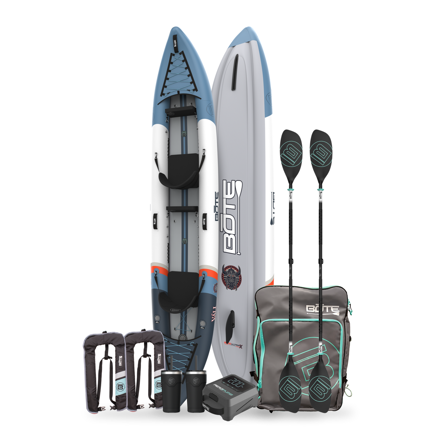 Vali inflatable tandem kayak with included accessories on a white background. The Accessories include a travel packable bag, 2 black paddles, 2 stainless steel MAGNETumblers, an electric air pump and 2 inflatable life vests.