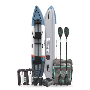 Vali inflatable tandem kayak with included accessories on a white background. The Accessories include a travel packable bag, 2 black paddles, 2 stainless steel MAGNETumblers, an electric air pump and 2 inflatable life vests.