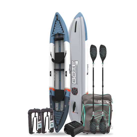 Vali inflatable tandem kayak with included accessories on a white background. The Accessories include a travel packable bag, 2 black paddles, 2 stainless steel MAGNETumblers, an electric air pump and 2 inflatable life vests.