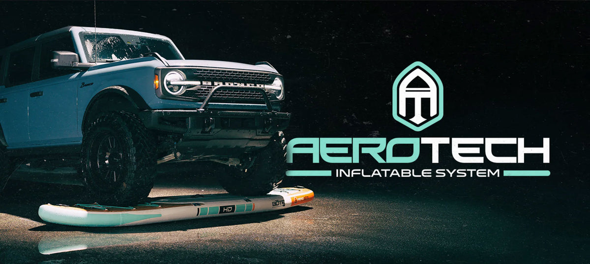 A light blue SUV parked on a dark surface with an Aerotech inflatable system pad beneath it, alongside the Aerotech logo and the text 'AEROTECH INFLATABLE SYSTEM' on a black background.