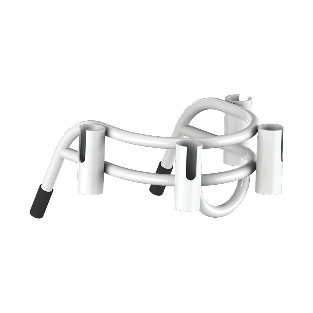 Angled top view of Bucket Rac White showing four rod holders and curved base.