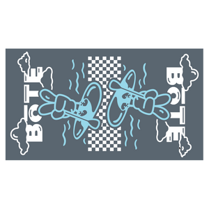 BOTE Peace Woven Towel laid flat, showing mirrored peace hand graphics in light blue on a gray background.