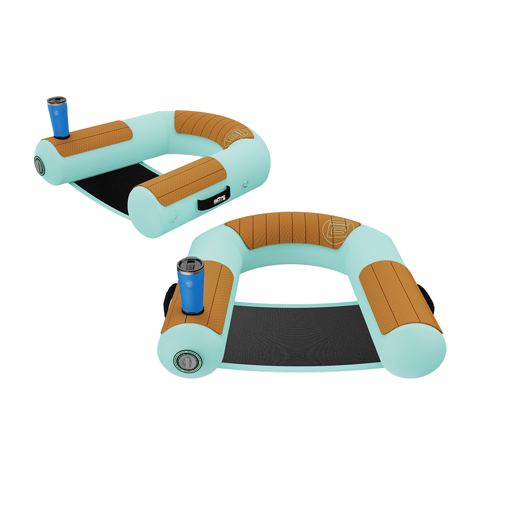 Angled view of Hangout Sling Chair Package inflatable seat with mesh sling, cup holder, and tan pads.