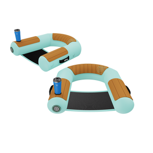 Angled view of Hangout Sling Chair Package inflatable seat with mesh sling, cup holder, and tan pads.