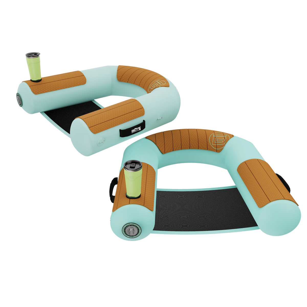 Angled view of Hangout Sling Chair Package inflatable seat with mesh sling, cup holder, and tan pads.