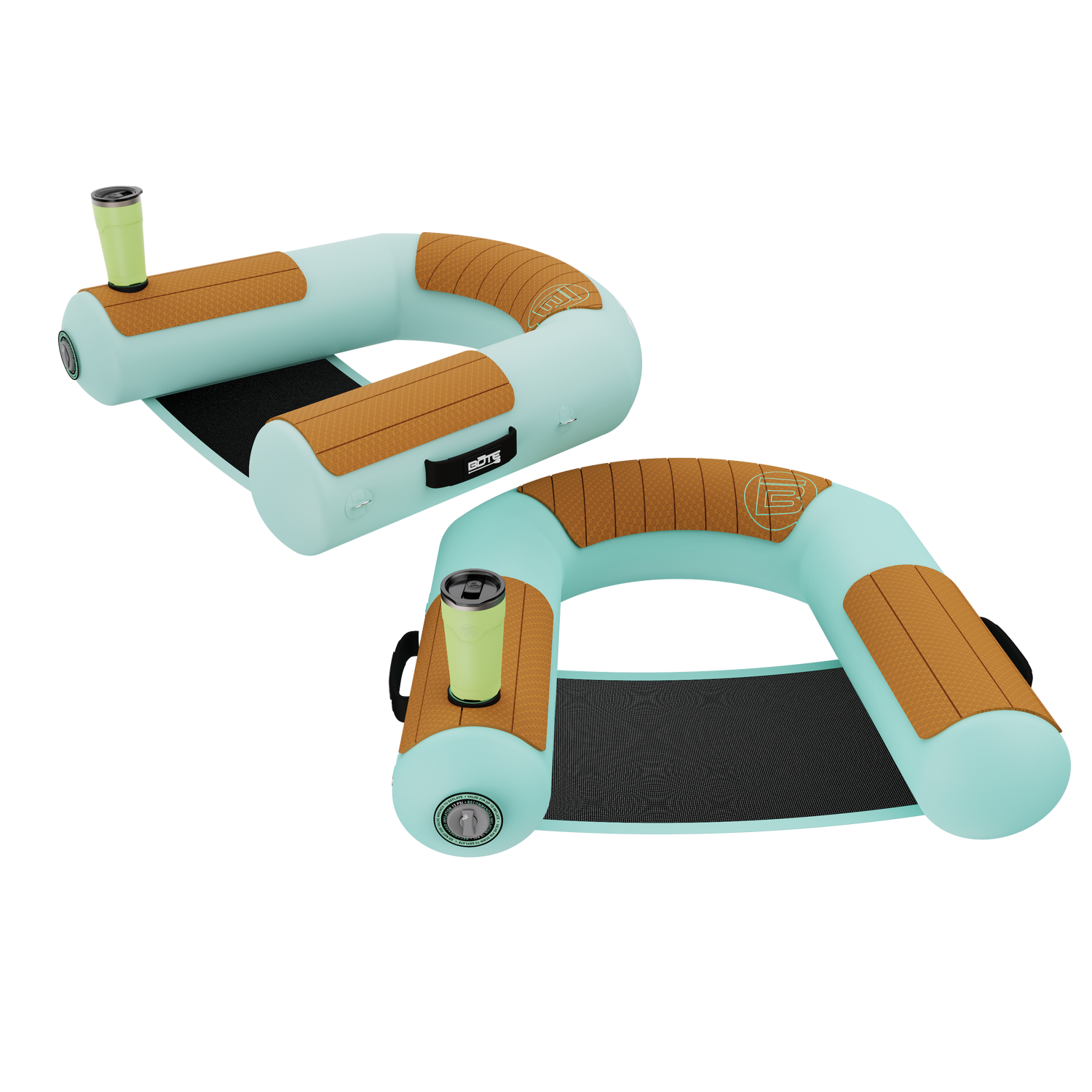 Angled view of Hangout Sling Chair Package inflatable seat with mesh sling, cup holder, and tan pads.