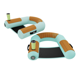 Angled view of Hangout Sling Chair Package inflatable seat with mesh sling, cup holder, and tan pads.