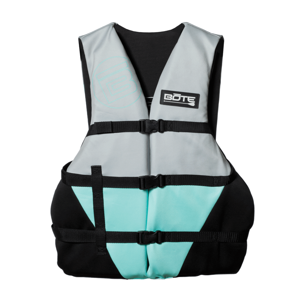 Front view of the BOTE Adult Universal Foam PFD Vest in gray, black, and teal with buckle straps.