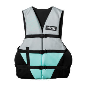Front view of the BOTE Adult Universal Foam PFD Vest in gray, black, and teal with buckle straps.