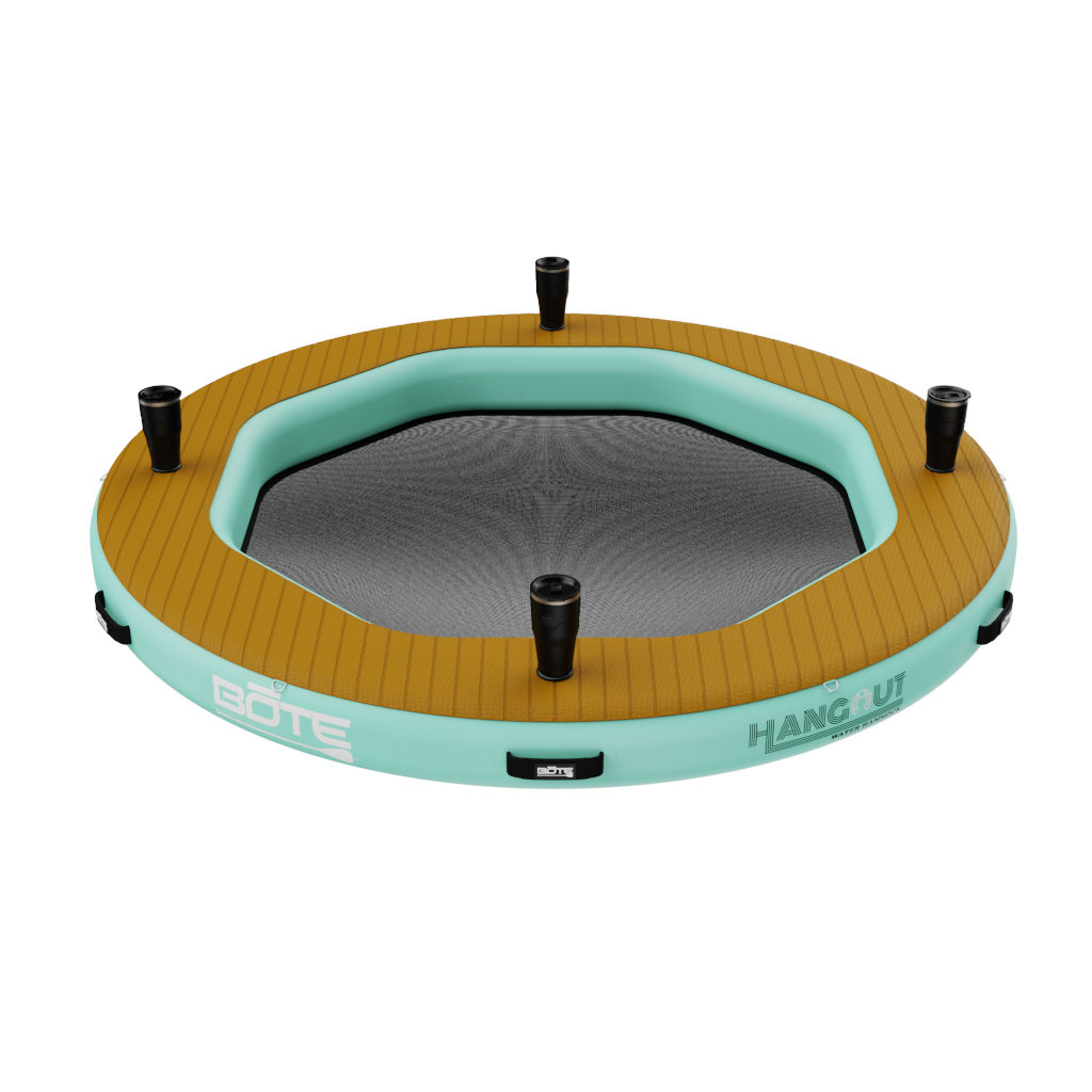Angled view of the Inflatable Hangout Water Hammock 7 Classic with drinkware on it