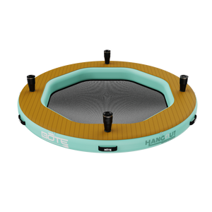 Angled view of the Inflatable Hangout Water Hammock 7 Classic with drinkware on it