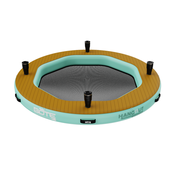 Angled view of the Inflatable Hangout Water Hammock 7 Classic with drinkware on it