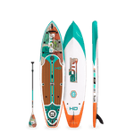 Top view of HD 10'6" Native Aloha Paddle Board with woodgrain deck and teal, white, and orange trim.