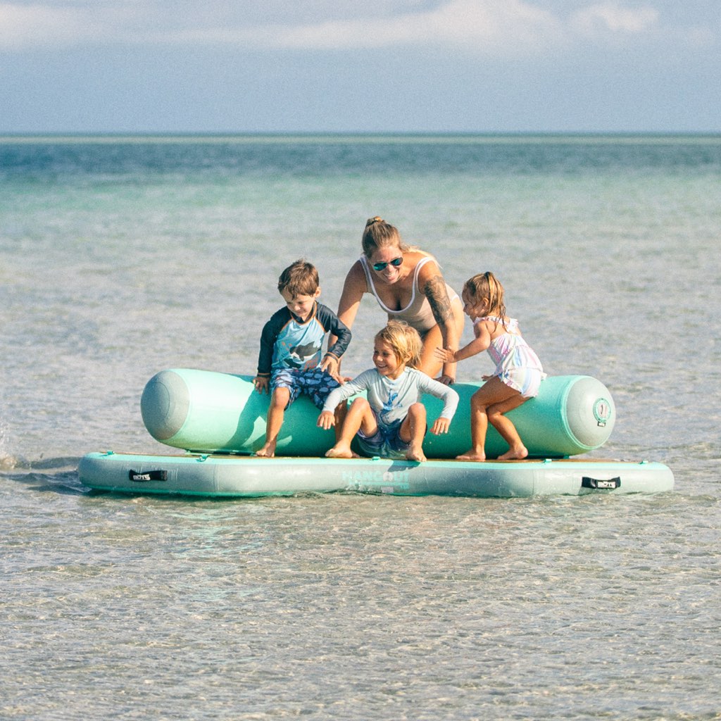 Picture of mom with kids in the Inflatable Dock Hangout 120 Classic