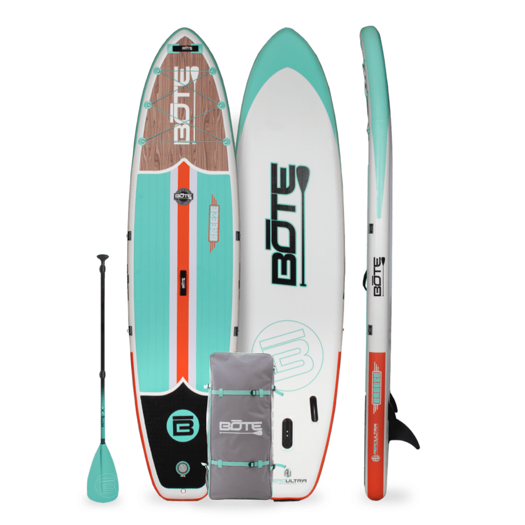 Front, back, and rails of the Breeze Aero 11'6" Classic Teak inflatable paddle board with with seafoam 3-piece paddle and travel bag