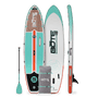 Front, back, and rails of the Breeze Aero 11'6" Classic Teak inflatable paddle board with with seafoam 3-piece paddle and travel bag