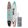 Front and back angled view of the Breeze Aero 10'8" Classic Teak inflatable paddle board showing the flat bottom and entry rocker alongside seafoam 3-piece paddle and travel bagFront and back angled view of the Breeze Aero 10'8" Classic Teak inflatable paddle board showing the flat bottom and entry rocker alongside seafoam 3-piece paddle and travel bag