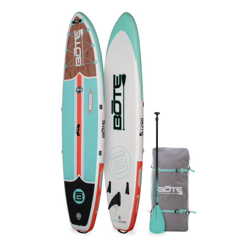 Front and back angled view of the Breeze Aero 10'8" Classic Teak inflatable paddle board showing the flat bottom and entry rocker alongside seafoam 3-piece paddle and travel bagFront and back angled view of the Breeze Aero 10'8" Classic Teak inflatable paddle board showing the flat bottom and entry rocker alongside seafoam 3-piece paddle and travel bag
