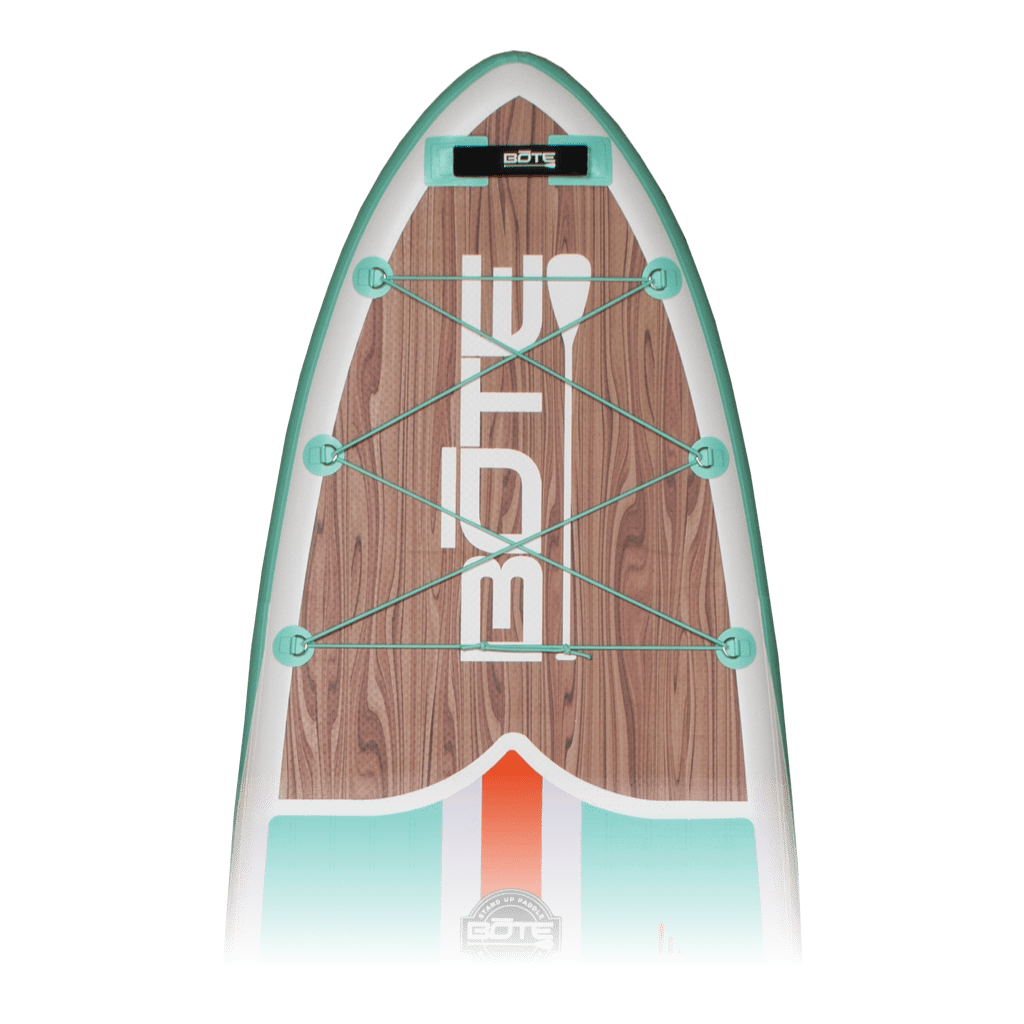 Closeup of the nose of the Breeze Aero 11′6″ Classic Teak Inflatable Paddle Board