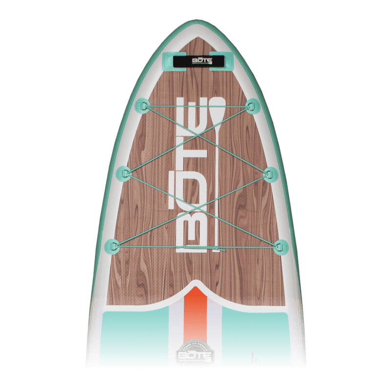 Closeup of the nose of the Breeze Aero 11′6″ Classic Teak Inflatable Paddle Board