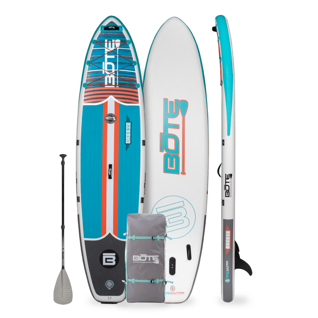 Front, back, and rails of the Breeze Aero 11'6" Native Eclipse inflatable paddle board with with grey 3-piece paddle and travel bag