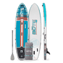 Front, back, and rails of the Breeze Aero 11'6" Native Eclipse inflatable paddle board with with grey 3-piece paddle and travel bag