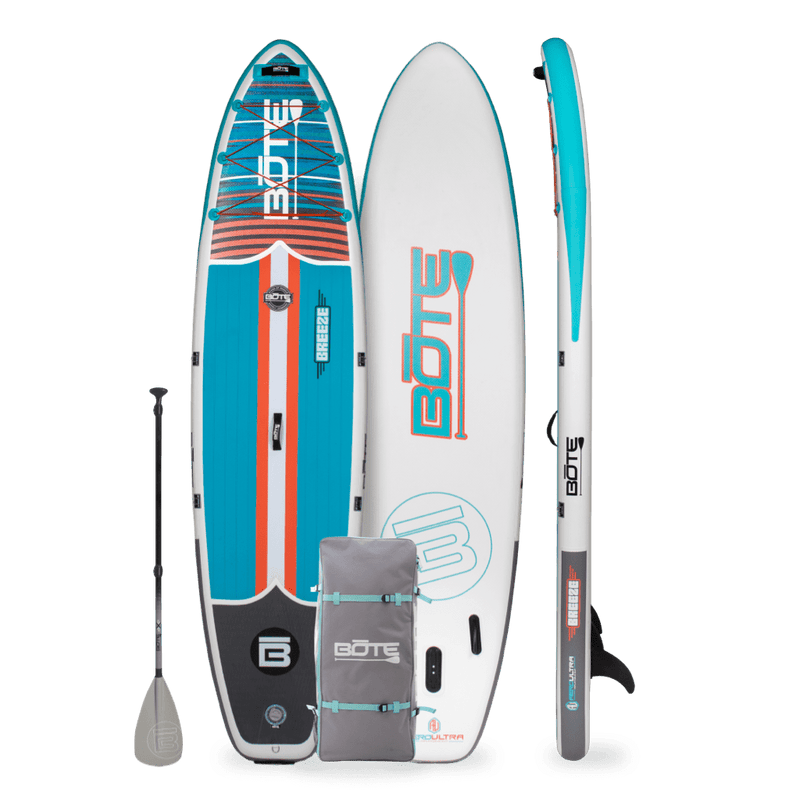 Front, back, and rails of the Breeze Aero 11'6" Native Eclipse inflatable paddle board with with grey 3-piece paddle and travel bag