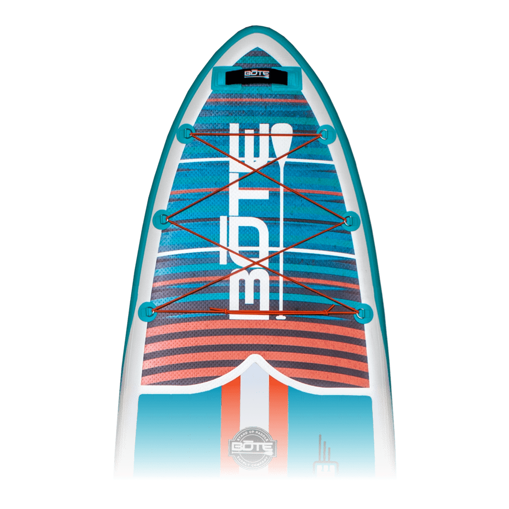 Closeup of the nose of the Breeze Aero 11'6" Native Eclipse inflatable paddle board with a black, blue, and red-orange striped pattern, auqa and white accents, and BOTE logo in white