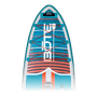 Closeup of the nose of the Breeze Aero 11'6" Native Eclipse inflatable paddle board with a black, blue, and red-orange striped pattern, auqa and white accents, and BOTE logo in white