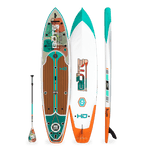 Full views of HD 12' Native Aloha Paddle Board with woodgrain deck and teal, orange, and white trim.