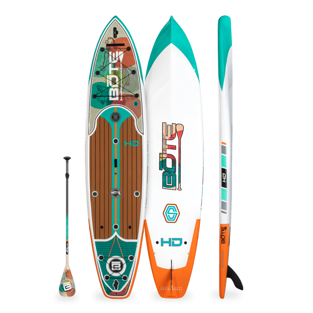 Full views of HD 12' Native Aloha Paddle Board with woodgrain deck and teal, orange, and white trim.