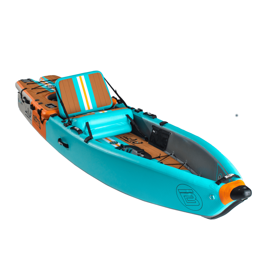 Front angle view of the Lono Aero inflatable kayak in Native Aqua.