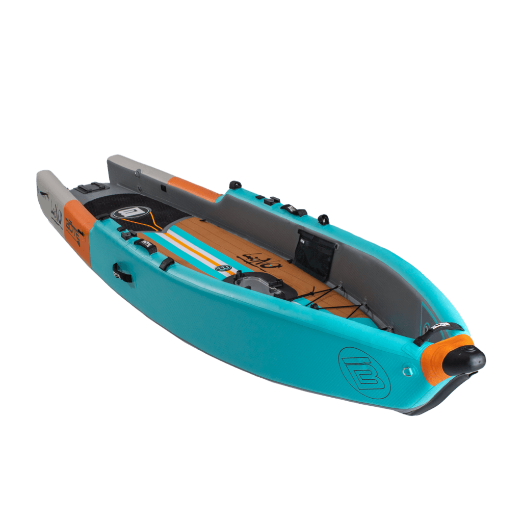 Front angle view of the Lono Aero inflatable kayak in Native Aqua.