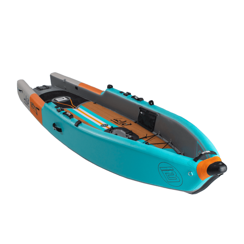 Front angle view of the Lono Aero inflatable kayak in Native Aqua.
