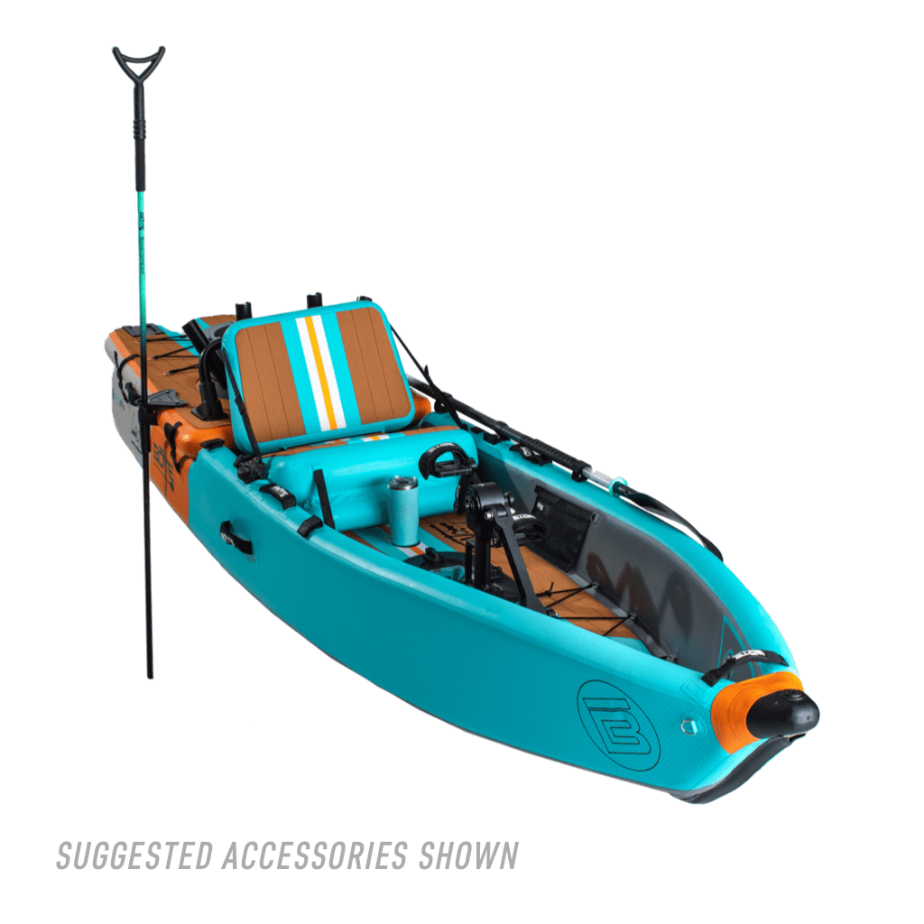 Front angle view of the Lono Aero inflatable kayak in Native Aqua with accessories. 