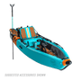 Front angle view of the Lono Aero inflatable kayak in Native Aqua with accessories. 