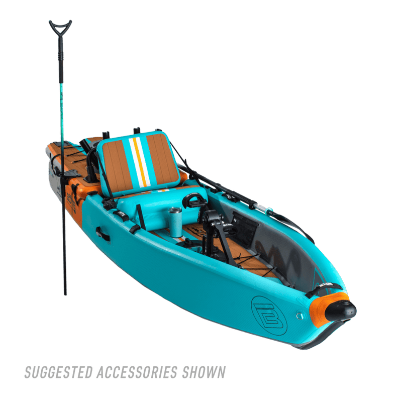 Front angle view of the Lono Aero inflatable kayak in Native Aqua with accessories. 