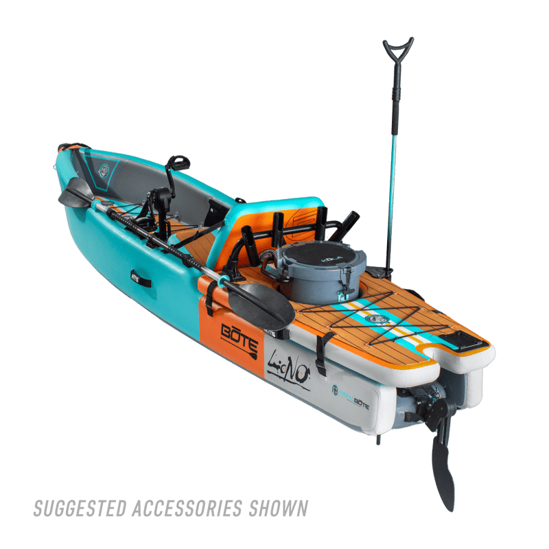 Back angle view of the Lono Aero inflatable kayak in Native Aqua with accessories. 