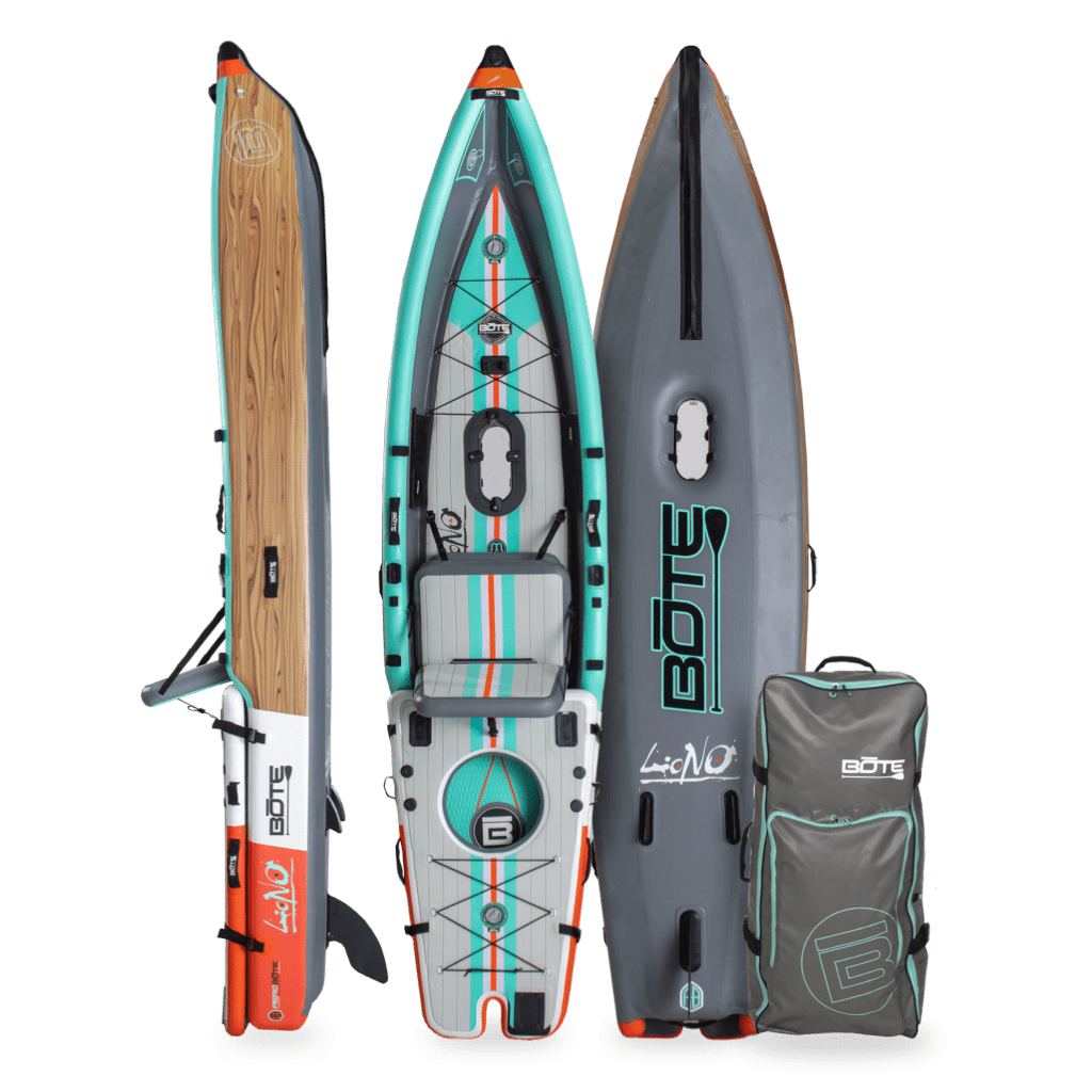 Front, side, back view of the Lono Aero inflatable kayak in Classic Cypress with bag.