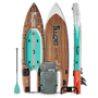 Front, back, and rails of the Rover Aero 12'6" Classic Teak inflatable micro skiff with with seafoam 3-piece paddle and travel bag