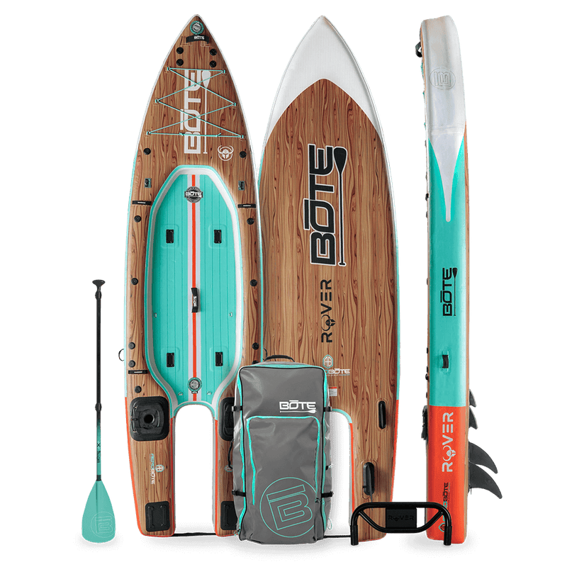 Front, back, and rails of the Rover Aero 12'6" Classic Teak inflatable micro skiff with with seafoam 3-piece paddle and travel bag