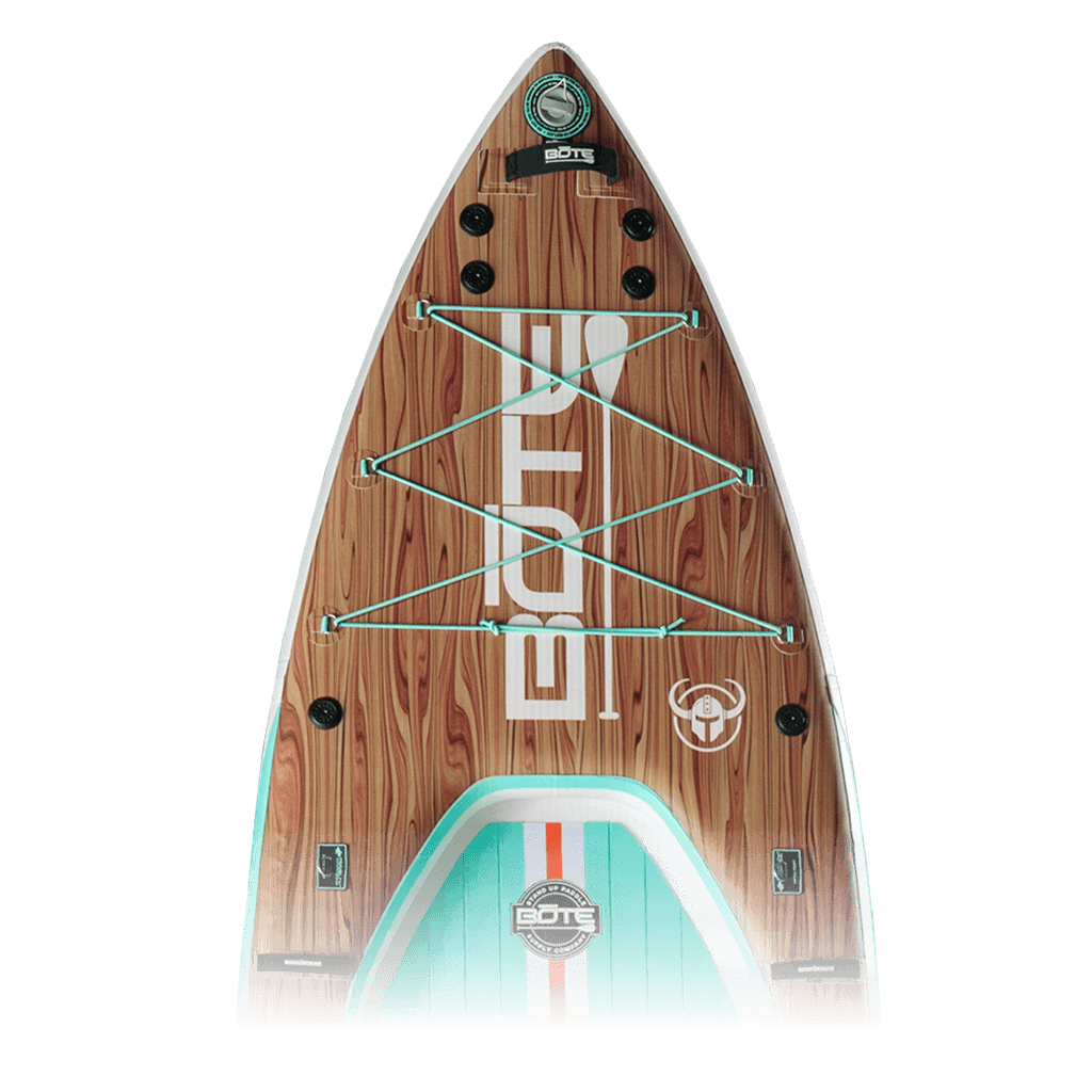 Closeup of the nose of the Rover Aero 12'6" Classic Teak inflatable micro skiff with faux woodgrain inay and seafoam and white accents